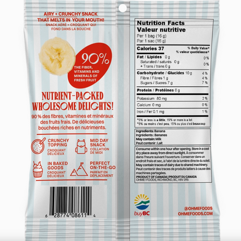 Snack package with nutritional information and branding on a white background