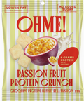 Passion fruit protein crunch snack package with text about low fat and no added sugar.