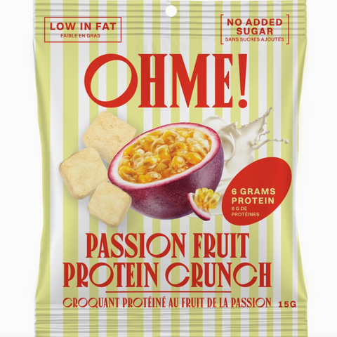 Passion fruit protein crunch snack package with text about low fat and no added sugar.