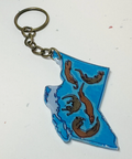 Keychain shaped like the state of British Columbia with blue and brown design on a white background