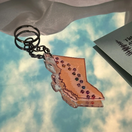 Keychain shaped like a stylized map of British Columbia with clouds in the background