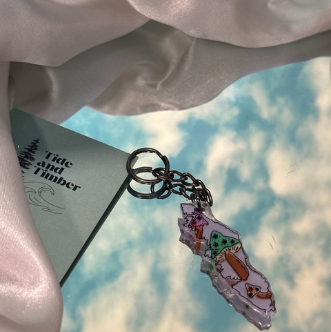 Keychain with cartoon characters on a cloud-patterned background