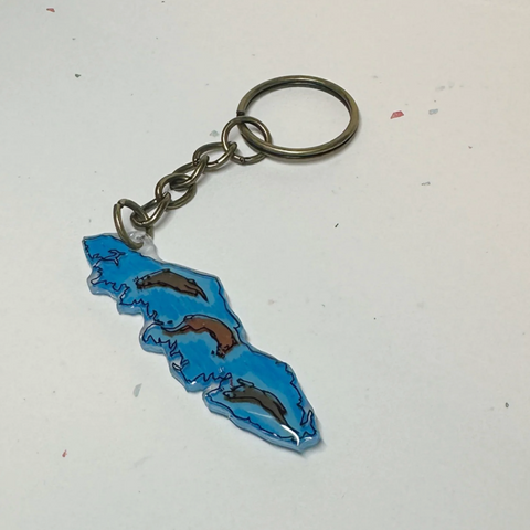 Keychain with blue and brown design on a white background