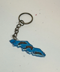 Keychain with a blue design on a light gray background