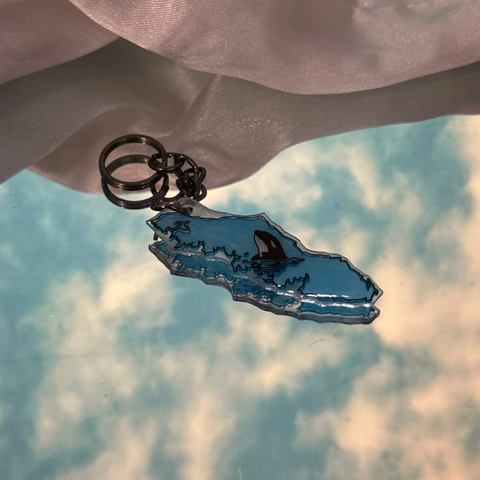 Keychain with a whale design held against a cloudy sky