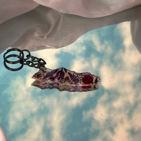 Decorative keychain with intricate designs on a fabric background