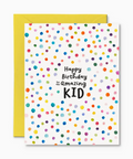Greeting card with colorful polka dots and 'Happy Birthday to an amazing Kid' text, yellow envelope.