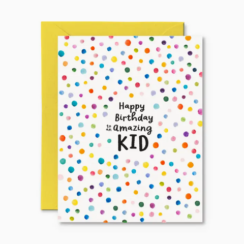 Greeting card with colorful polka dots and 'Happy Birthday to an amazing Kid' text, yellow envelope.