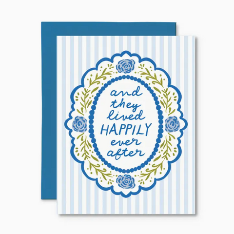 Greeting card with 'and they lived happily ever after' text on a blue and white striped background