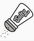 Black and white illustration of a saltshaker with 'Salty' text on a white background