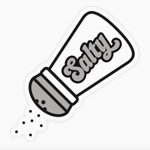 Black and white illustration of a saltshaker with 'Salty' text on a white background