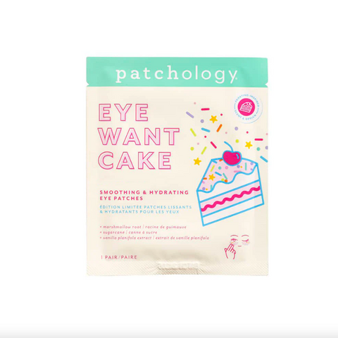Pack of Patchology eye patches with cake design on a white background