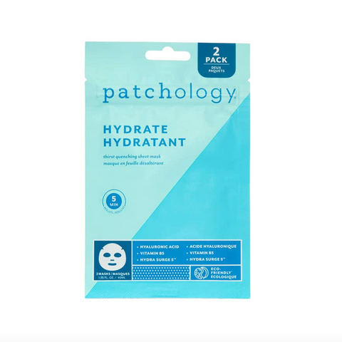 Pack of Patchology hydrate sheet masks on a white background