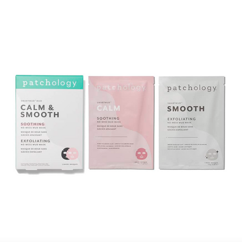 Three packages of Patchology skin care products on a white background