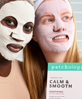 Two women wearing sheet masks with a 'patchology' product box in the foreground.
