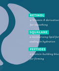 Text about retinol, squalane, and peptides with a blue background