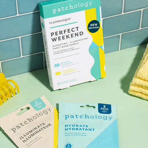 Patchology sheet mask packaging on a light green surface with a teal tiled wall background