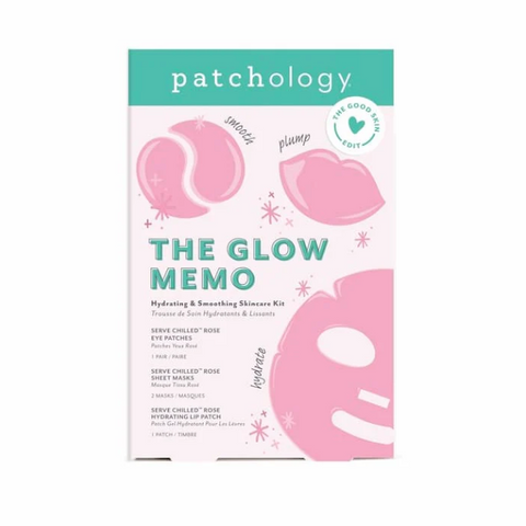 Patchology The Glow Memo skincare kit packaging on a white background