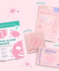 Patchology skincare masks with product names and descriptions on a light pink background
