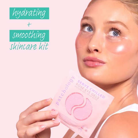 Woman holding a skincare product with text 'hydrating + smoothing skincare kit' on a pink background