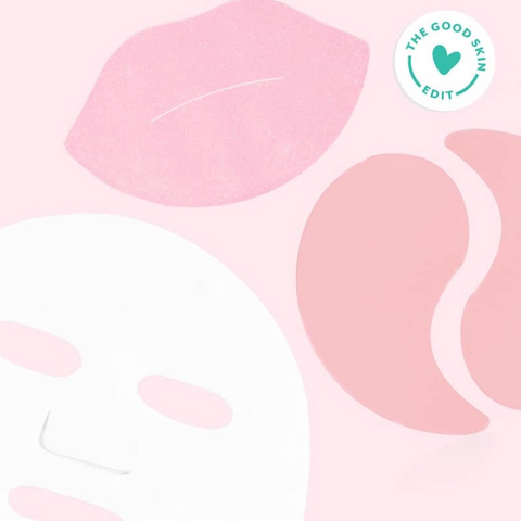 Pink lip-shaped stickers on a light pink background with 'The Good Skin Edit' logo.