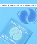 Patchology eye gel packets on a blue background with text indicating cooling and de puffing effects.