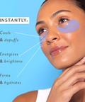 Woman applying a eye patch with text on a blue background