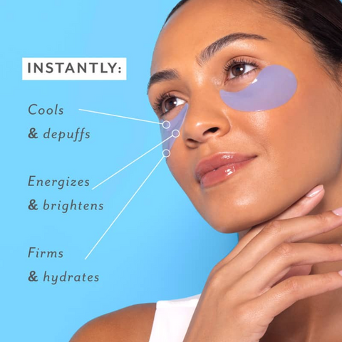 Woman applying a eye patch with text on a blue background