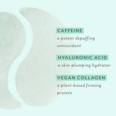 Text detailing the benefits of caffeine, hyaluronic acid, and vegan collagen on a light blue background with a textured pattern.