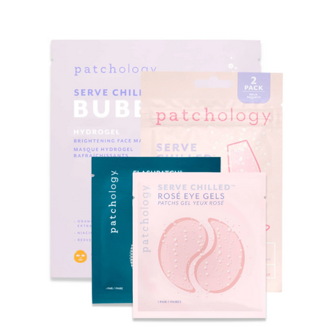 Patchology skincare products including face masks and eye gels on a white background