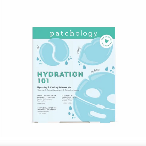 Patchology Hydration 101 skincare kit packaging on a white background