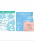 Three packages of Patchology skincare products on a white background