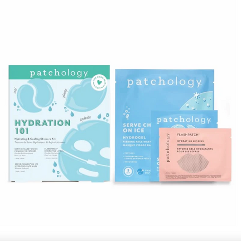 Three packages of Patchology skincare products on a white background