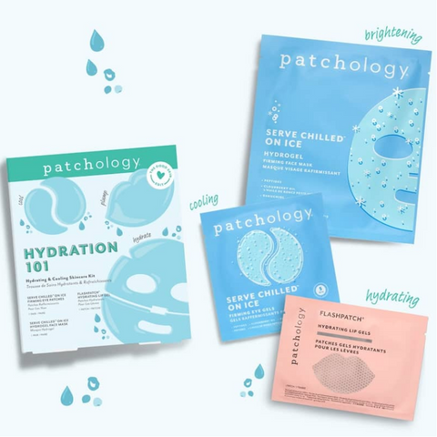 Collection of Patchology skincare products on a light background
