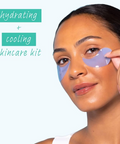Woman applying hydrating and cooling skincare patches with text on a white background