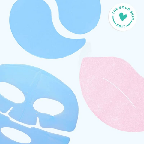 Three colorful masks on a light blue background with 'The Good Skin Edit' logo.