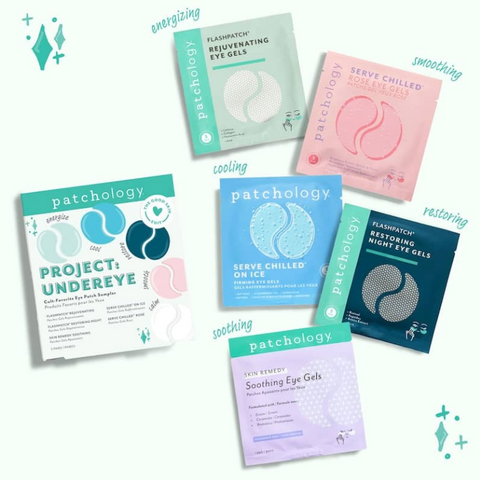 Collection of Patchology eye gel packages on a white background
