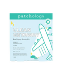 Patchology Clean Getaway beauty kit packaging with airplane illustration on a white background