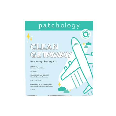 Patchology Clean Getaway beauty kit packaging with airplane illustration on a white background