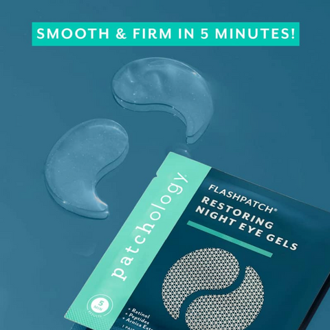 Patchology Flashpatch Restoring Night Eye Gels on a blue background with text 'Smooth & Firm in 5 Minutes'.