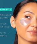 Woman's face with skincare product application, showing benefits on a teal background