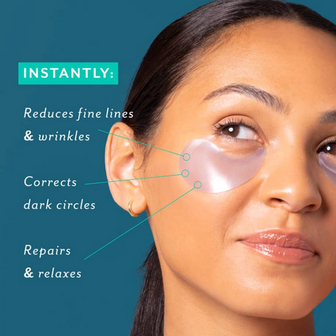 Woman's face with skincare product application, showing benefits on a teal background
