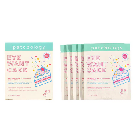 Packaging of Patchology 'Eye Want Cake' eye patches on a white background