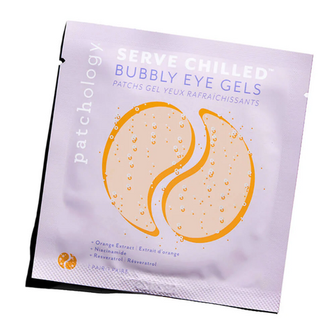Packaging of Patchology bubbly eye gels on a white background
