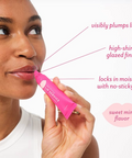 Woman applying pink lip balm with product features highlighted