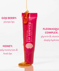 Lip service product with ingredients listed on a white background