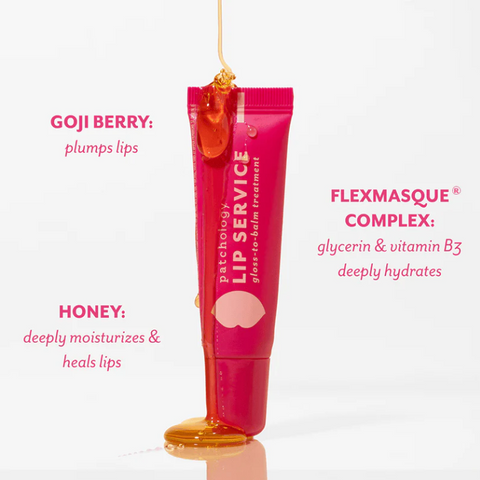 Lip service product with ingredients listed on a white background