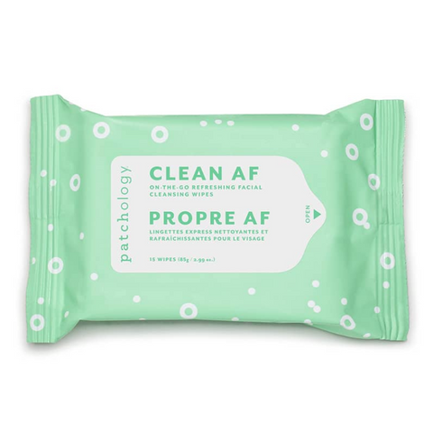 Pack of Patchology facial cleansing wipes with green packaging on a white background