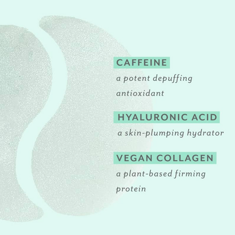 Text listing caffeine, hyaluronic acid, and vegan collagen with a light blue background.