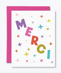 Greeting card with 'Merci' in colorful letters and stars on a white background